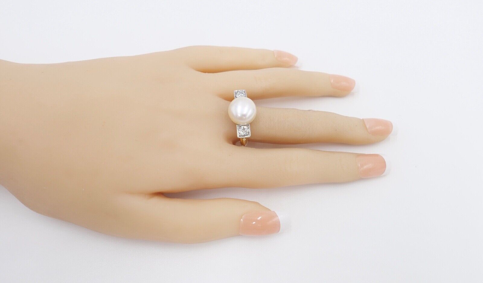 antik Damen Ring Gold 585 / 14K Gr. 56 Diamant Altschliff süßwasser Zuchtperle - Antikhandel-Stuttgart