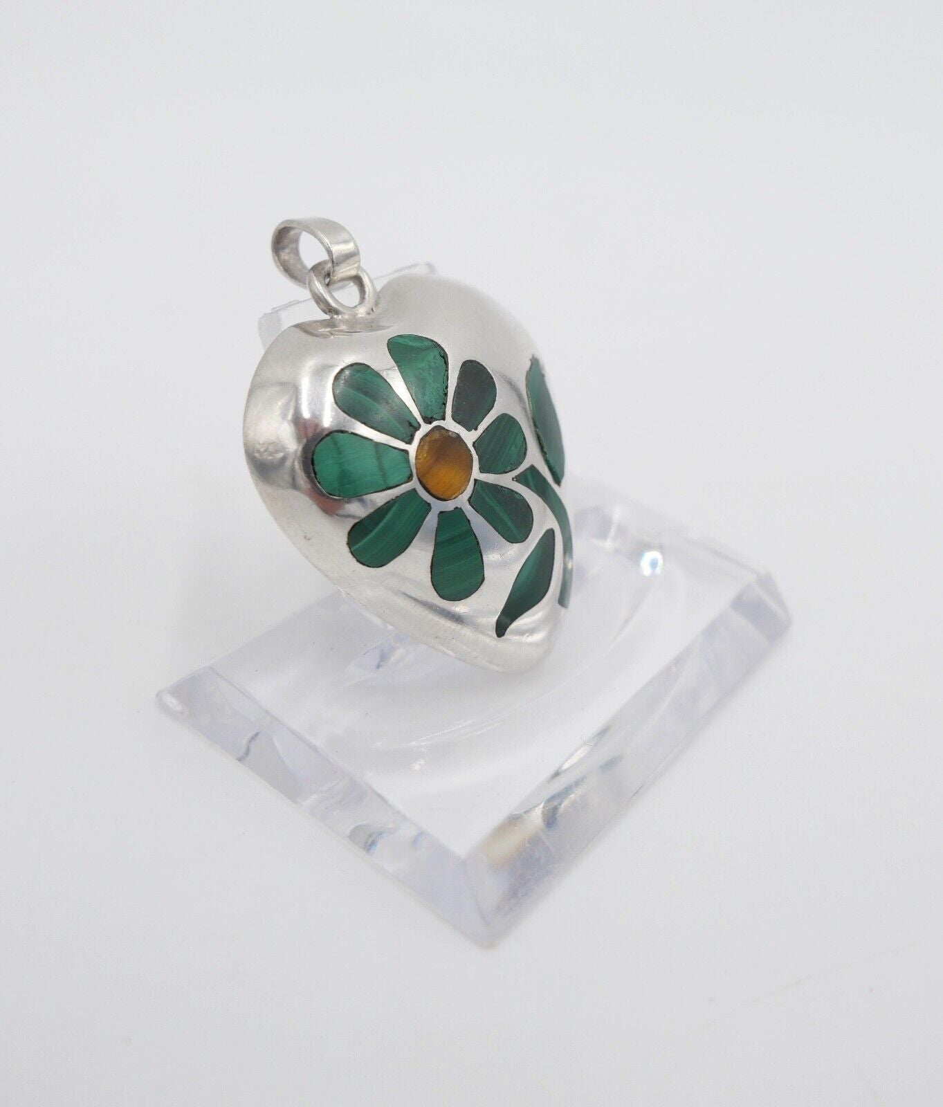 925 Silber Taxco Antonio Hernandez Herz Anhänger mit Malachit Tigerauge 40x35 mm - Antikhandel-Stuttgart