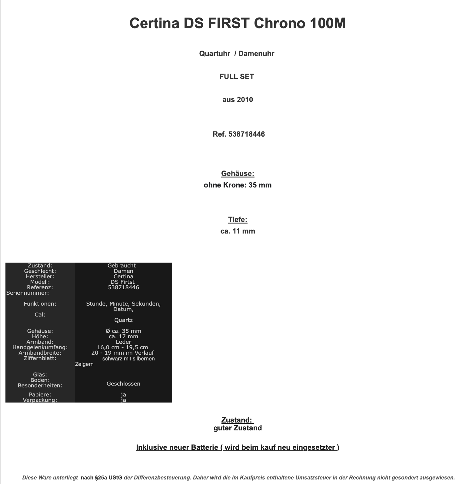 Certina DS FIRST Chrono Ref 538718446 Quartz 100m Damenuhr FULL SET aus 2010 - Antikhandel-Stuttgart