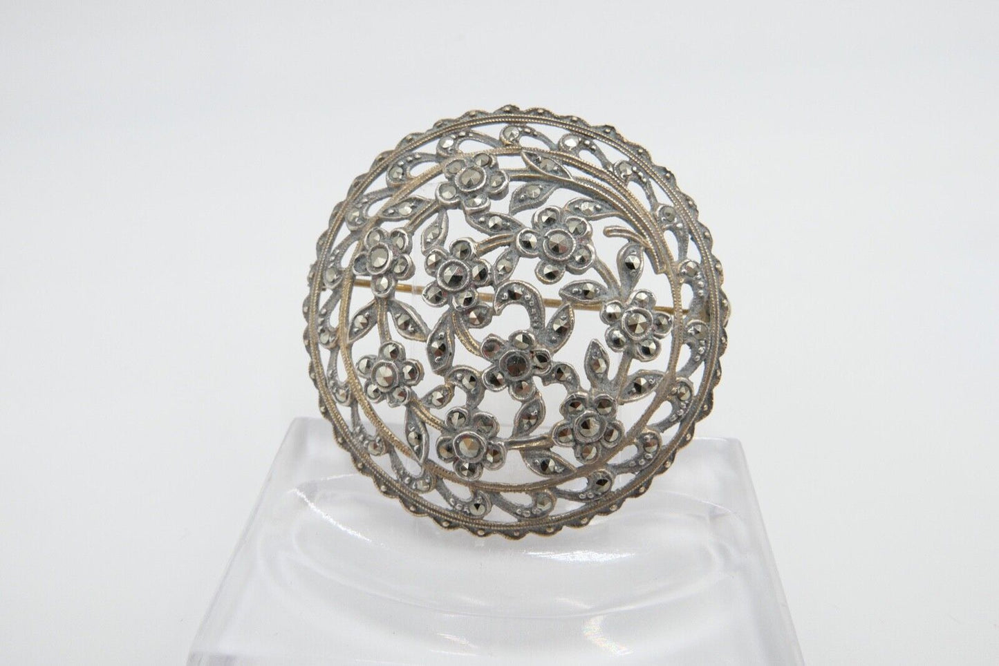 Jugendstil Brosche floral 835 Silber vergoldet mit Markasiten Ø 40 mm - Antikhandel-Stuttgart