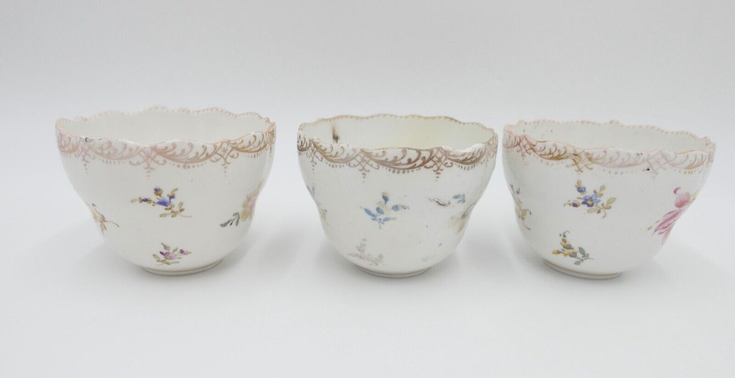 Meissen 3 Teetassen Knaufzeit 1860 1900 Barock Blumen Bukett Muster - Antikhandel-Stuttgart