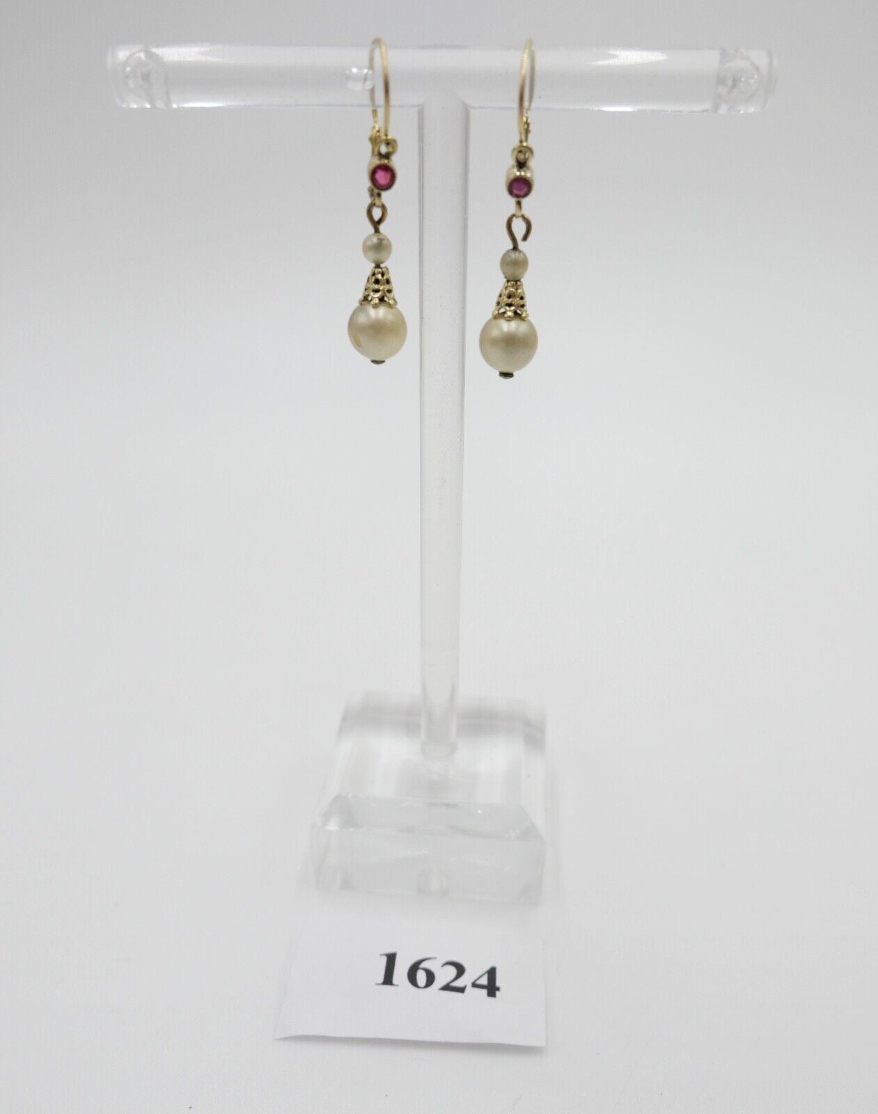 50er Jahre Ohrringe Ohrhänger mit Perlen & Glasstein GOLD 333 / 8K Perle Ø 6,3mm - Antikhandel-Stuttgart