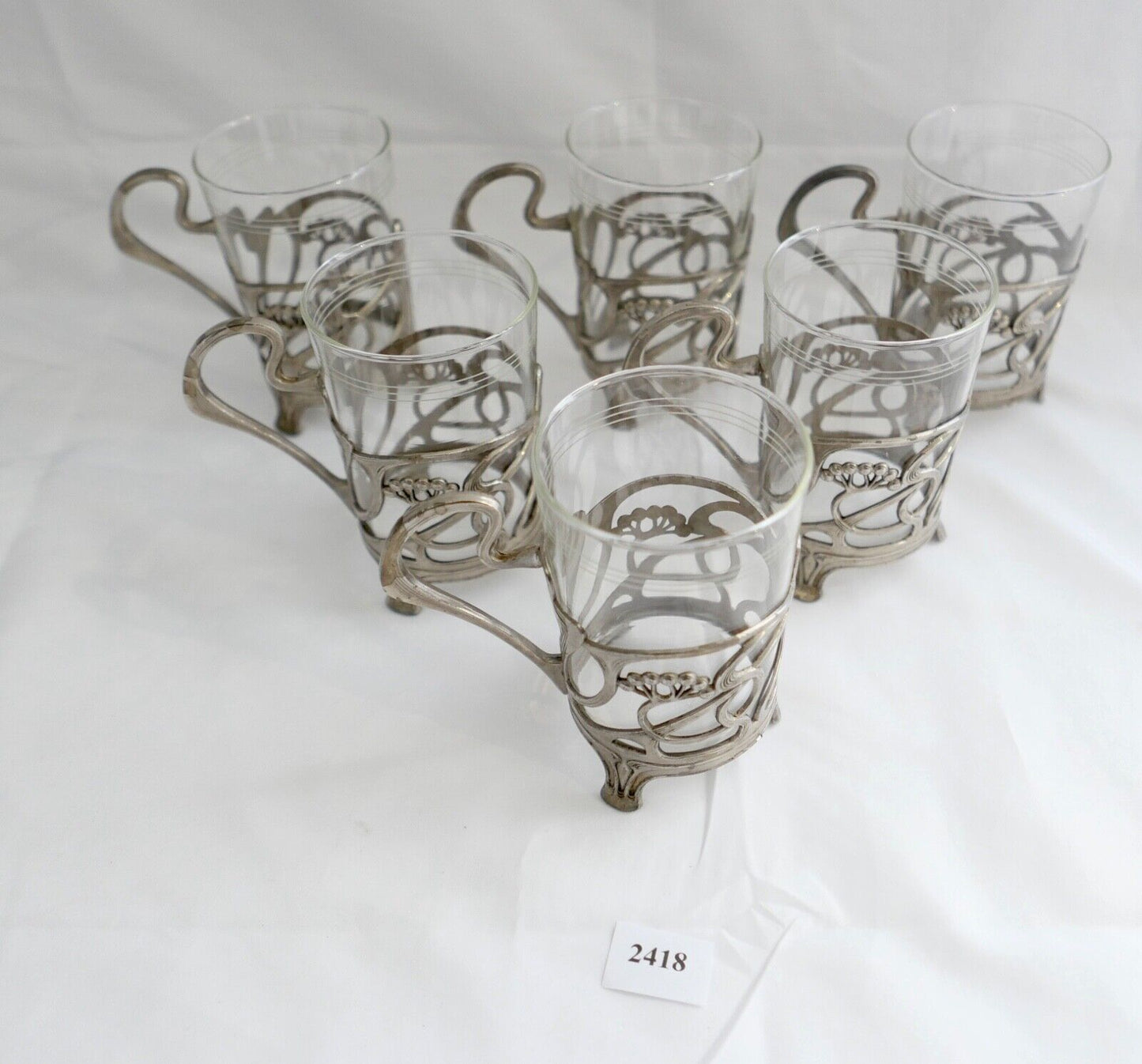 Set 6x Jugendstil Teeglashalter versilbert mit Schott Mainz JENAer Glas um 1900 - Antikhandel-Stuttgart