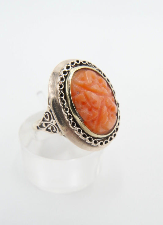 um 1850 antiker Korallen Ring Gold 333 8K Gr. 55 Damenring Koralle 15,2x11,2 mm - Antikhandel-Stuttgart