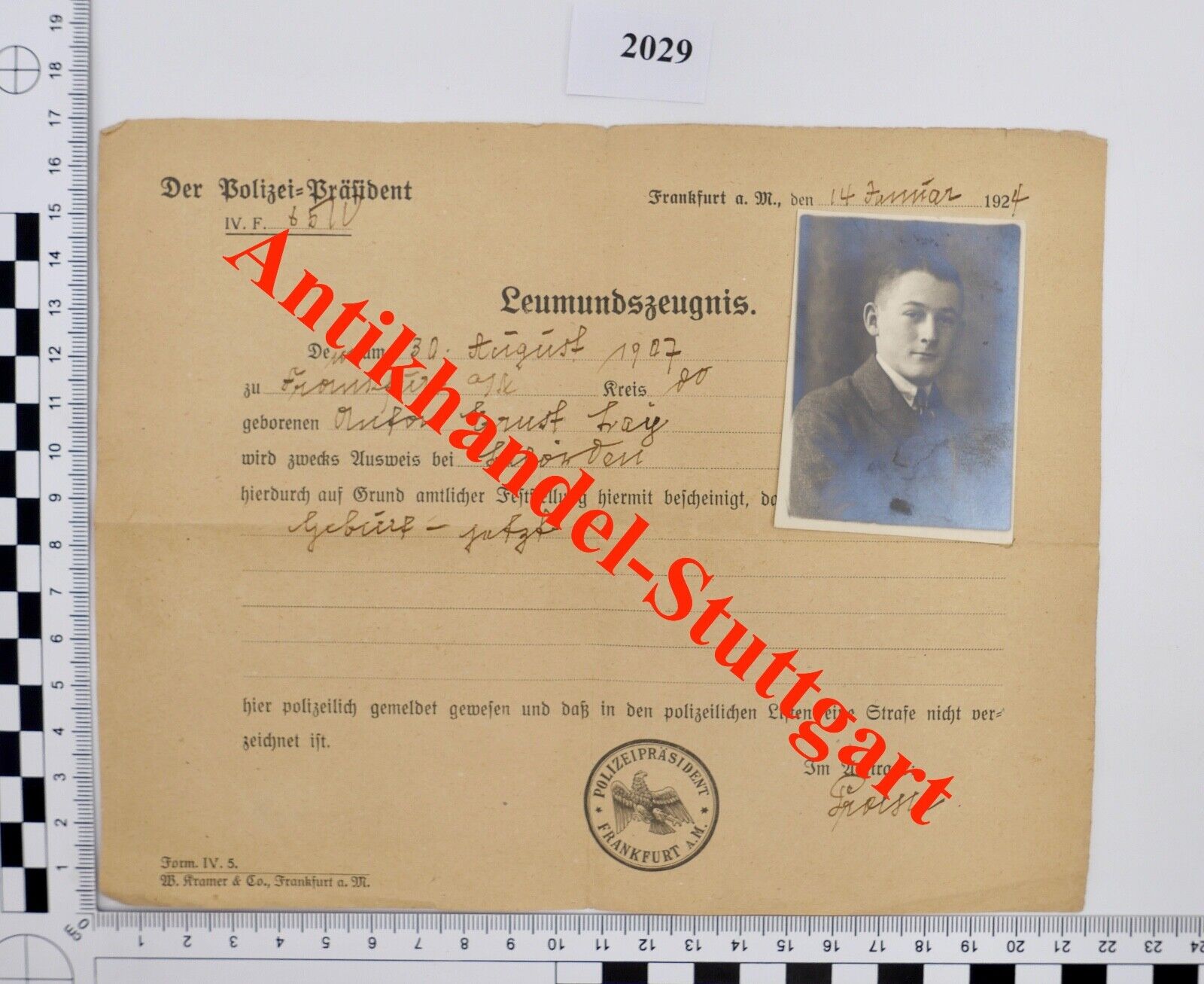 Leumundszeugnis Führungszeugnis 1924 mit Foto Frankfurt am Main Polizeipräsident - Antikhandel-Stuttgart