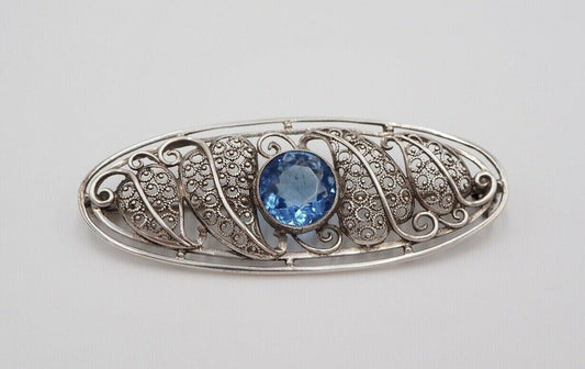 alte 50er Jahre Silber 835 filigran floral Brosche 57mm oval Schmuckstein blau - Antikhandel-Stuttgart