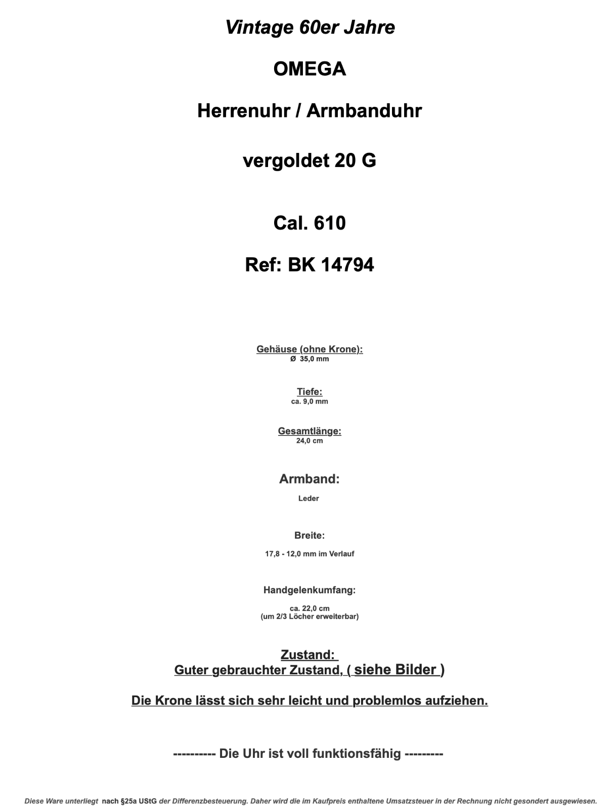 alte 60er Jahre OMEGA Cal. 610 Ref. BK 14794 vergoldet 20 G - Antikhandel-Stuttgart