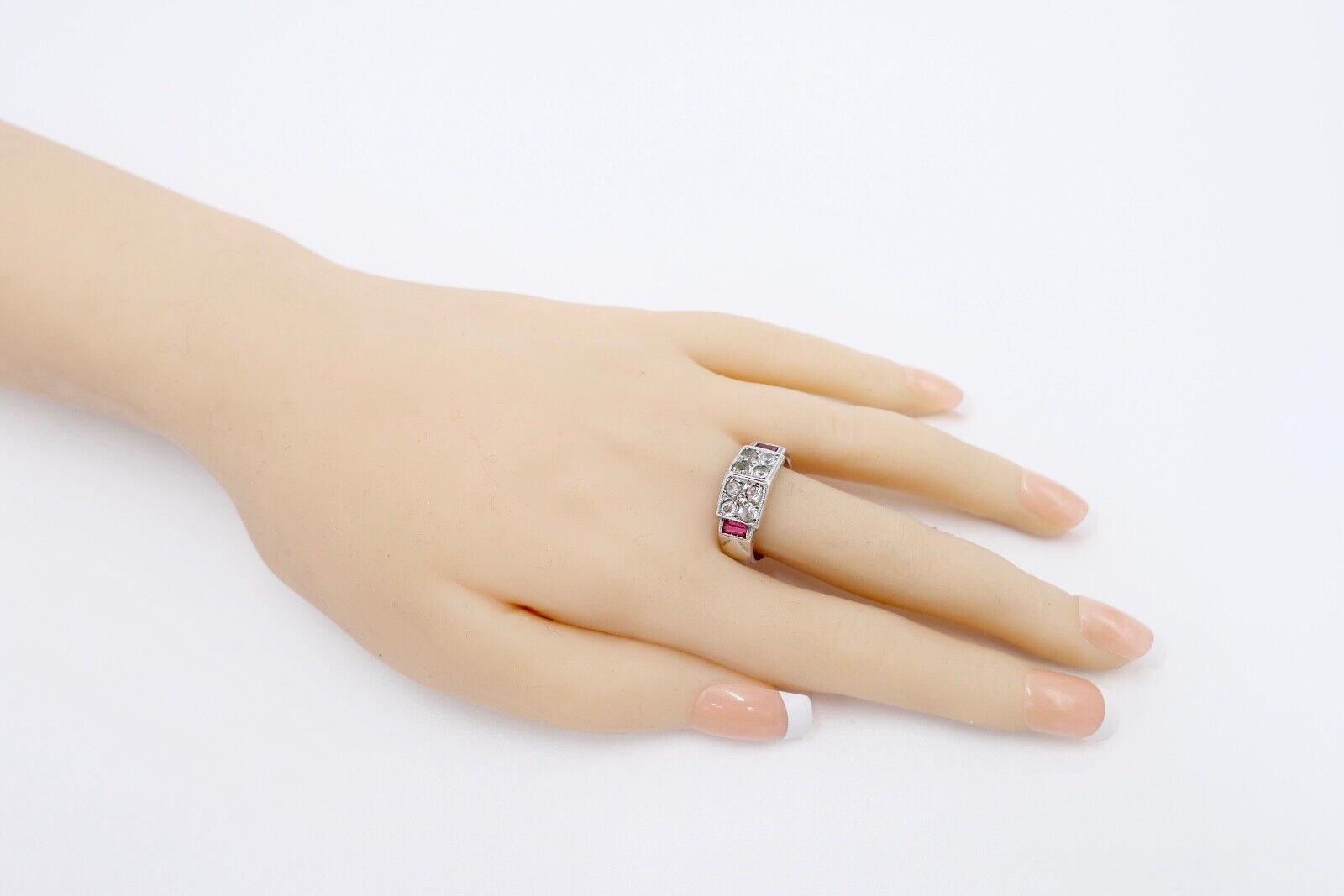 ART DECO Damenring Ring Silber Gr. 57 mit synth. Spinell Rubin Glasstein - Antikhandel-Stuttgart