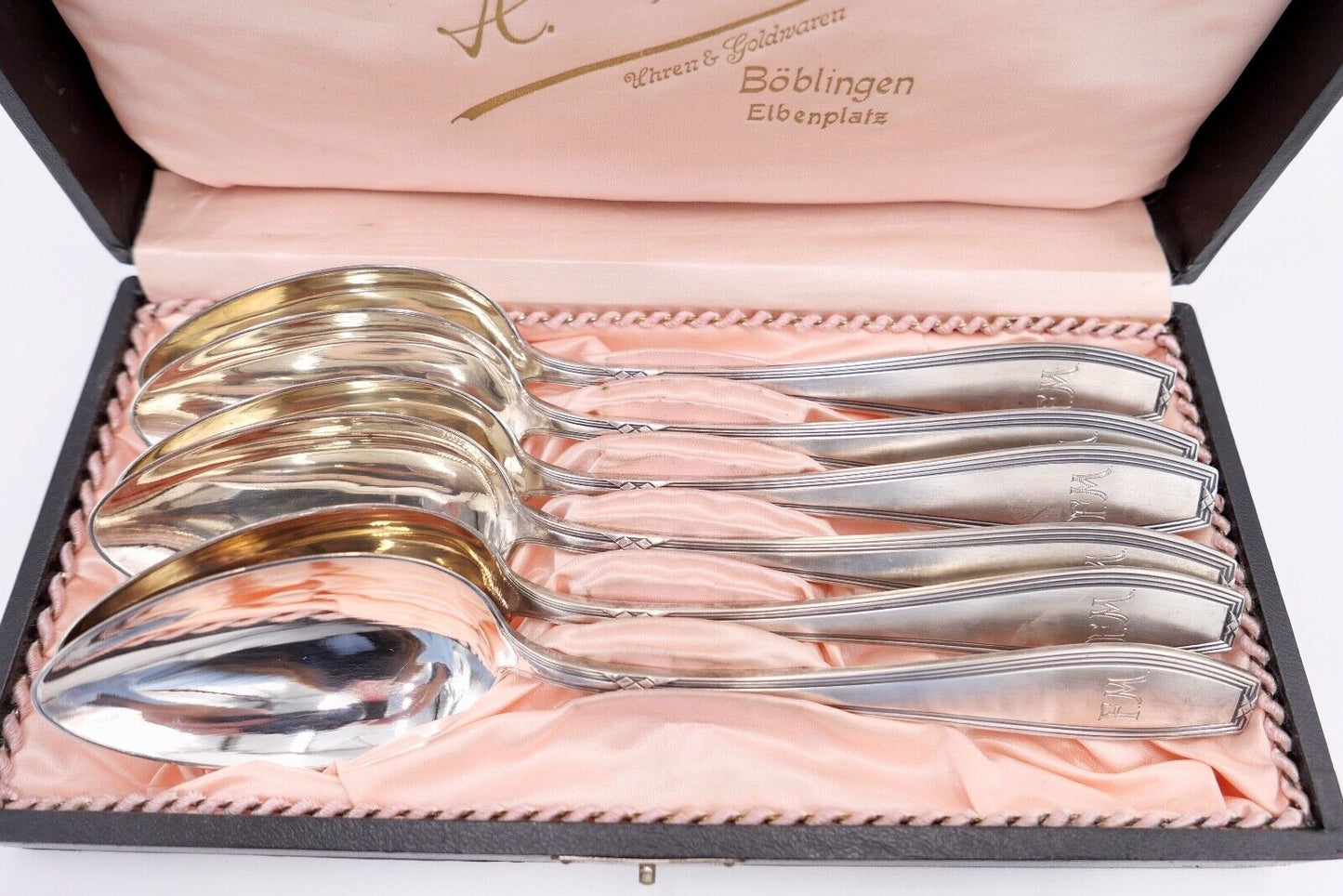 NEUwertig OKA 108 Besteck Löffel Set 6 tlg versilbert 90 Monogramm FM mit Etui - Antikhandel-Stuttgart