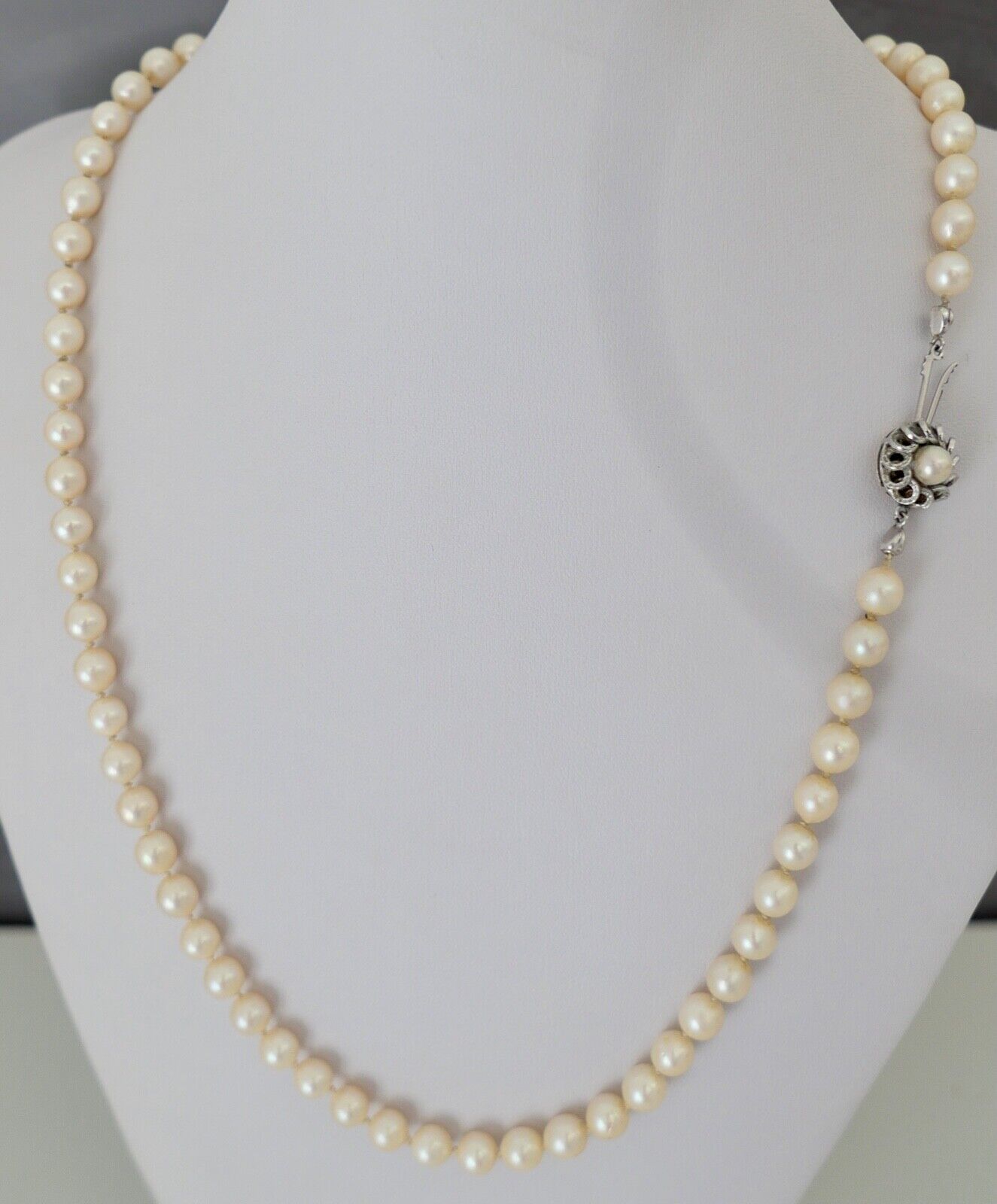 Perlenkette Verschluss Weiß/Gelb Gold 585/14K pearl Ø 6.5 mm Necklace 58 cm - Antikhandel-Stuttgart