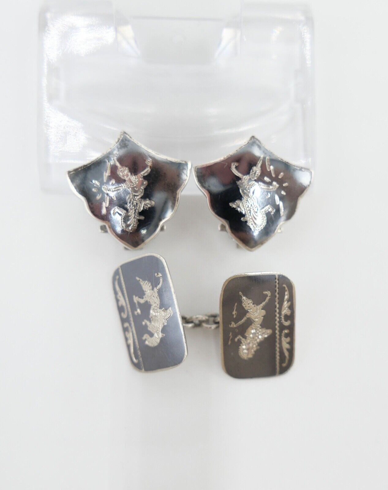 30er 40er Vintage Siam Sterling Silber Dunkelblau Grau Emaille Ohrclips - Antikhandel-Stuttgart