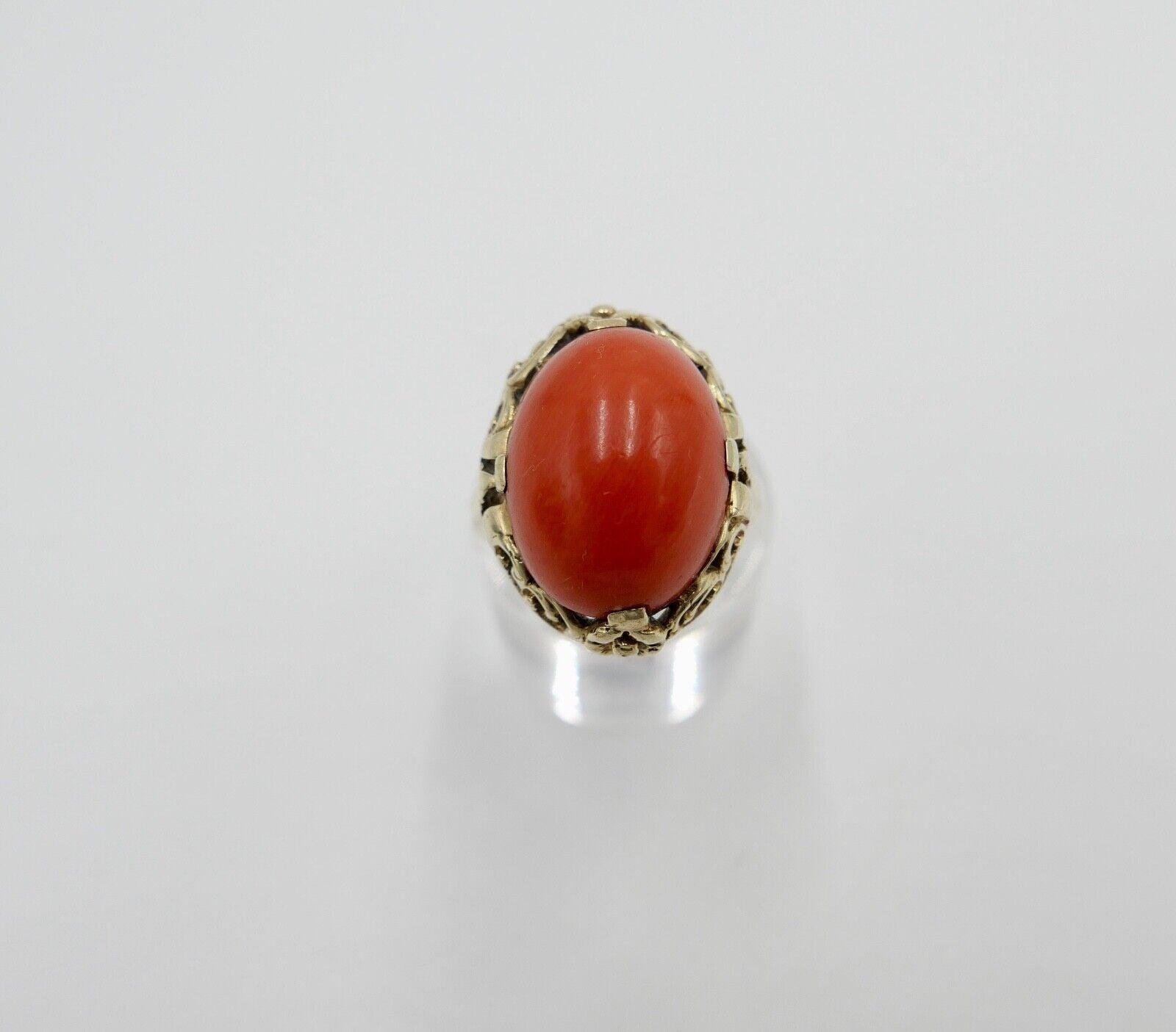 1950er Damenring Gelbgold 585 14K mit Koralle Cabochon Gr. 58 - Antikhandel-Stuttgart