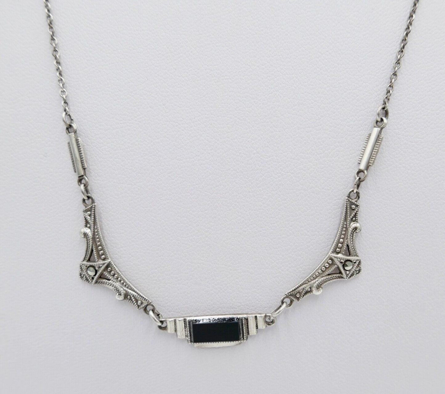 Antike filigrane 800 Silber Kette Collier 50 cm mit Markasiten und Onyx - Antikhandel-Stuttgart