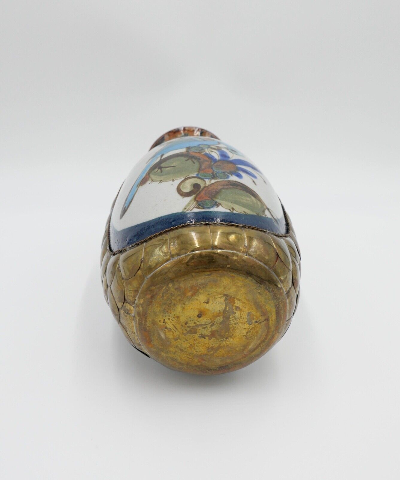 vintage unikat handbemalte Vase Messing Ton Stein Blumen Vögel Taube H: 25,7 cm - Antikhandel-Stuttgart