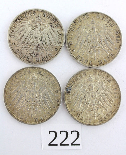 4x 3 Mark " OTTO " König von Bayern 1909 1910 1912 1913 D Jäger J. 47 Silber - Antikhandel-Stuttgart