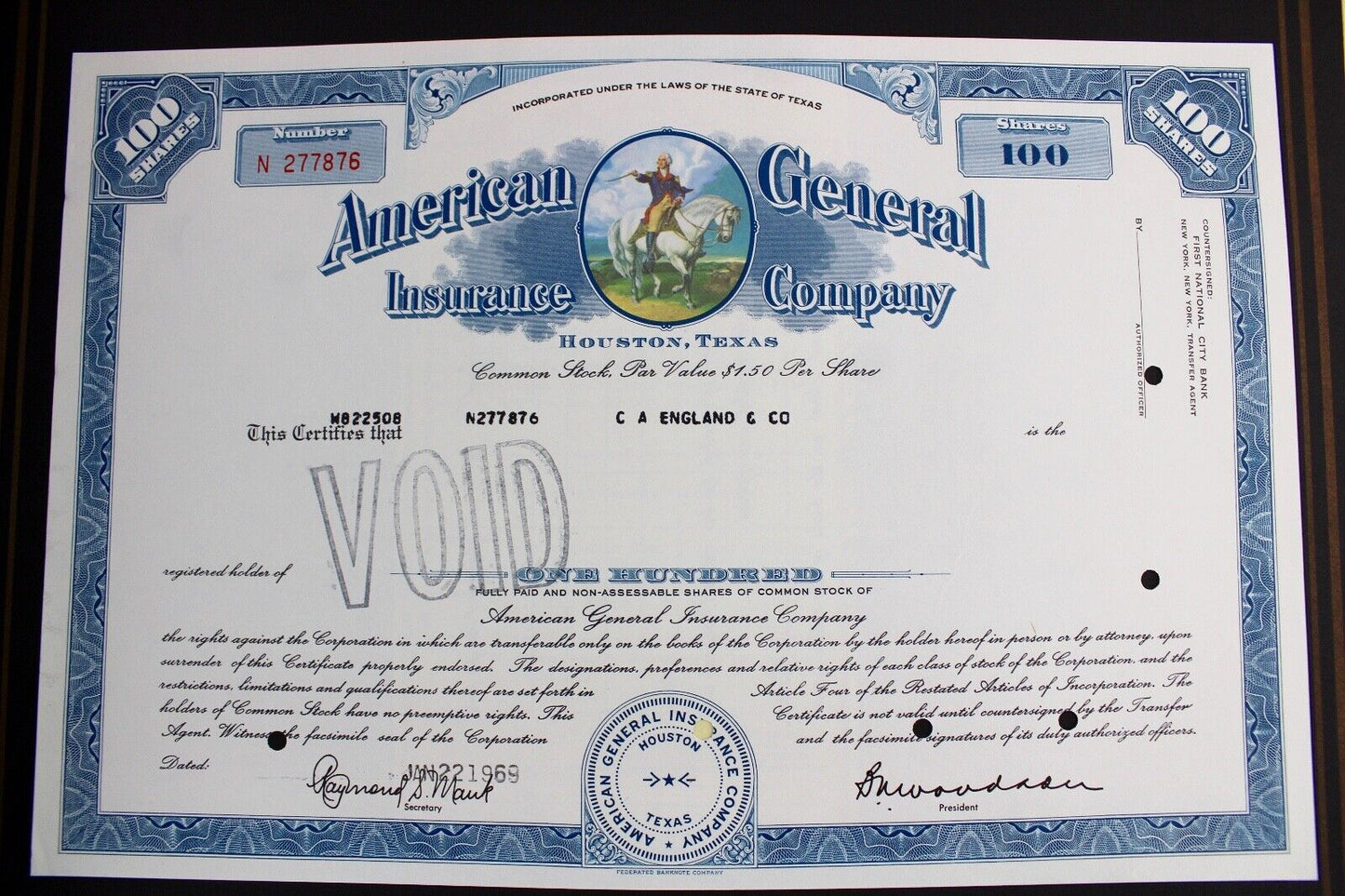 American General insurance Company 1969 alte USA Aktie Stock Certificate 100 - Antikhandel-Stuttgart
