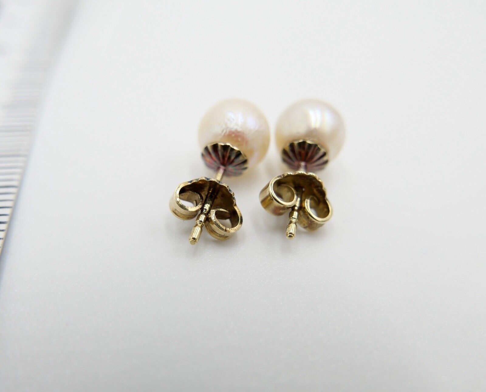 1980er Gelbgold 585 14K Perlen Ohrringe Ohrstecker Ø 7,9mm Butterfly Verschluss - Antikhandel-Stuttgart