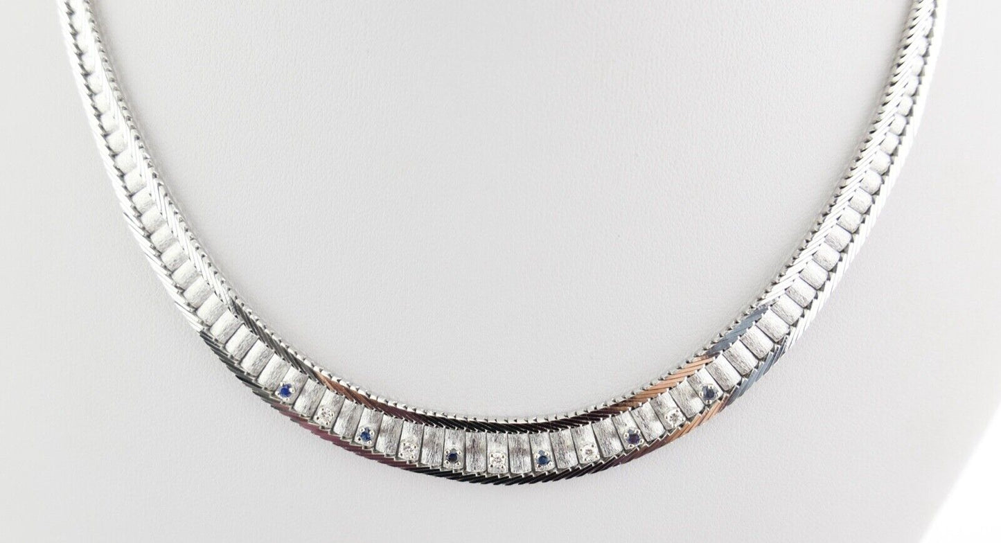 Massives Weißgold Brillant & Saphir Collier 585 14K Klassiker 1970er Jahre 45 cm - Antikhandel-Stuttgart