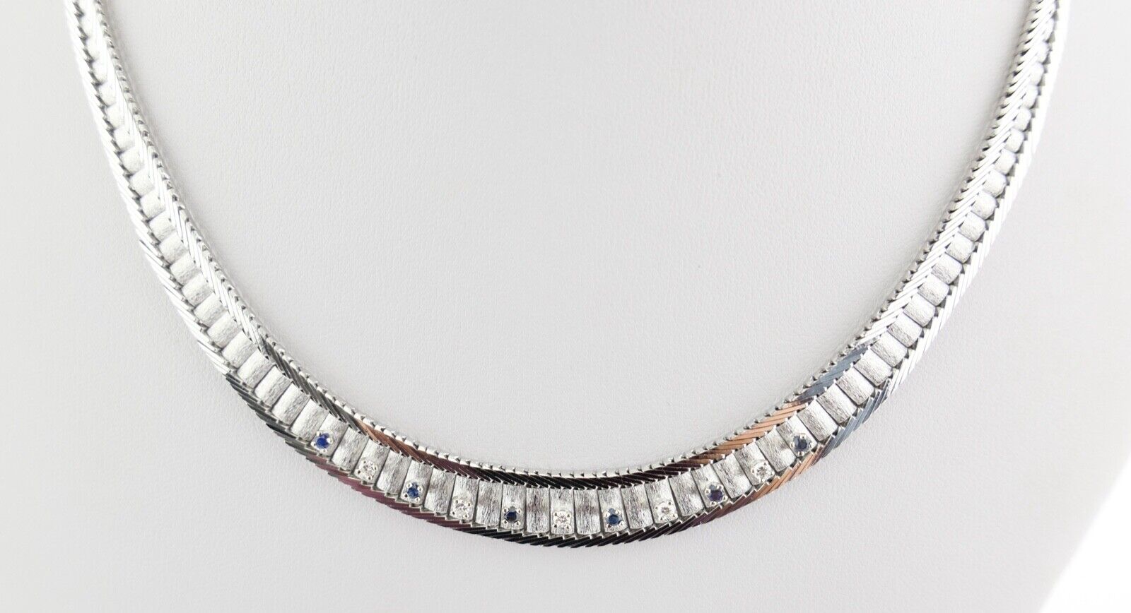 Massives Weißgold Brillant & Saphir Collier 585 14K Klassiker 1970er Jahre 45 cm - Antikhandel-Stuttgart