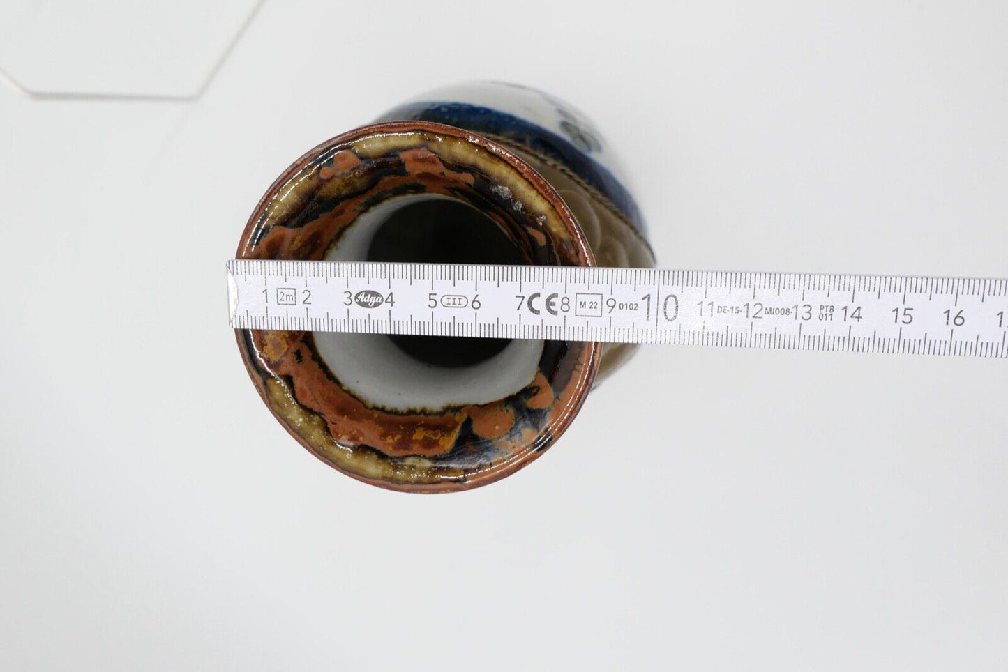 vintage unikat handbemalte Vase Messing Ton Stein Blumen Vögel Taube H: 25,7 cm - Antikhandel-Stuttgart