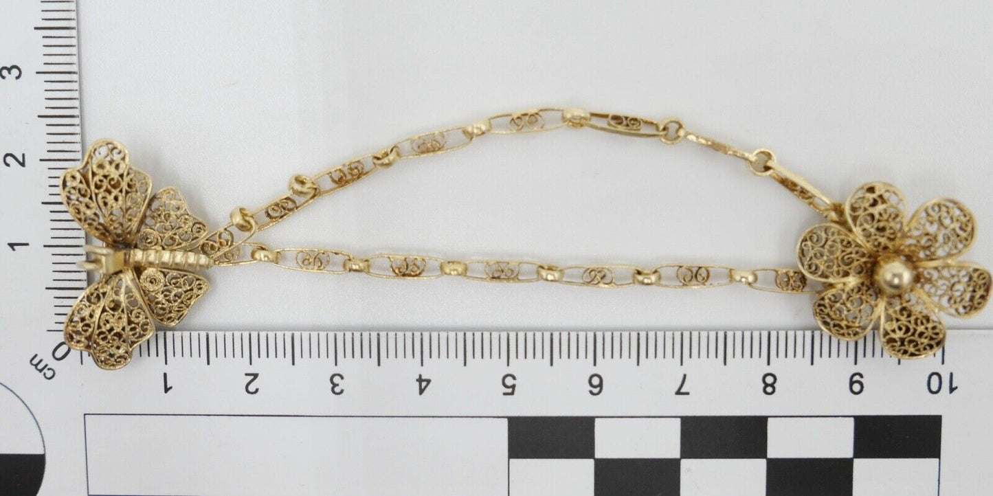 Filigrane 835 Silber Doppel Brosche vergoldet 10cm Blatt & Schmetterling Motiv - Antikhandel-Stuttgart