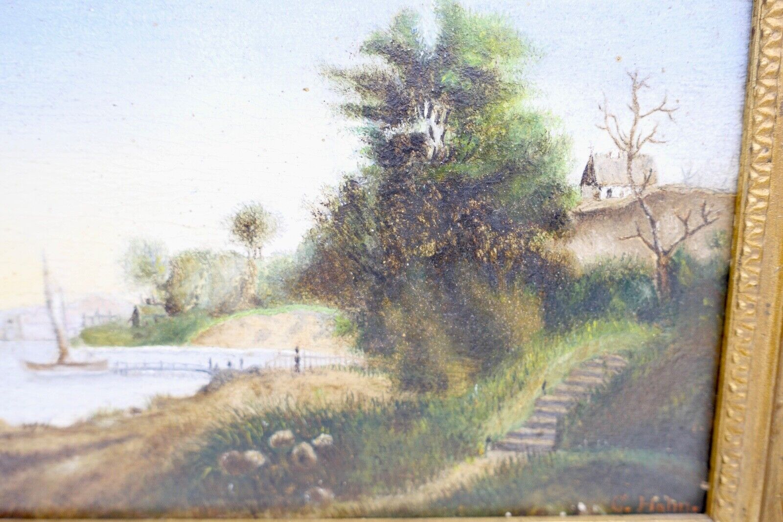 kleines Ölgemälde Öl auf Holz sig. C. Halm Landschaft Dünen Hafen very. Dänemark - Antikhandel-Stuttgart