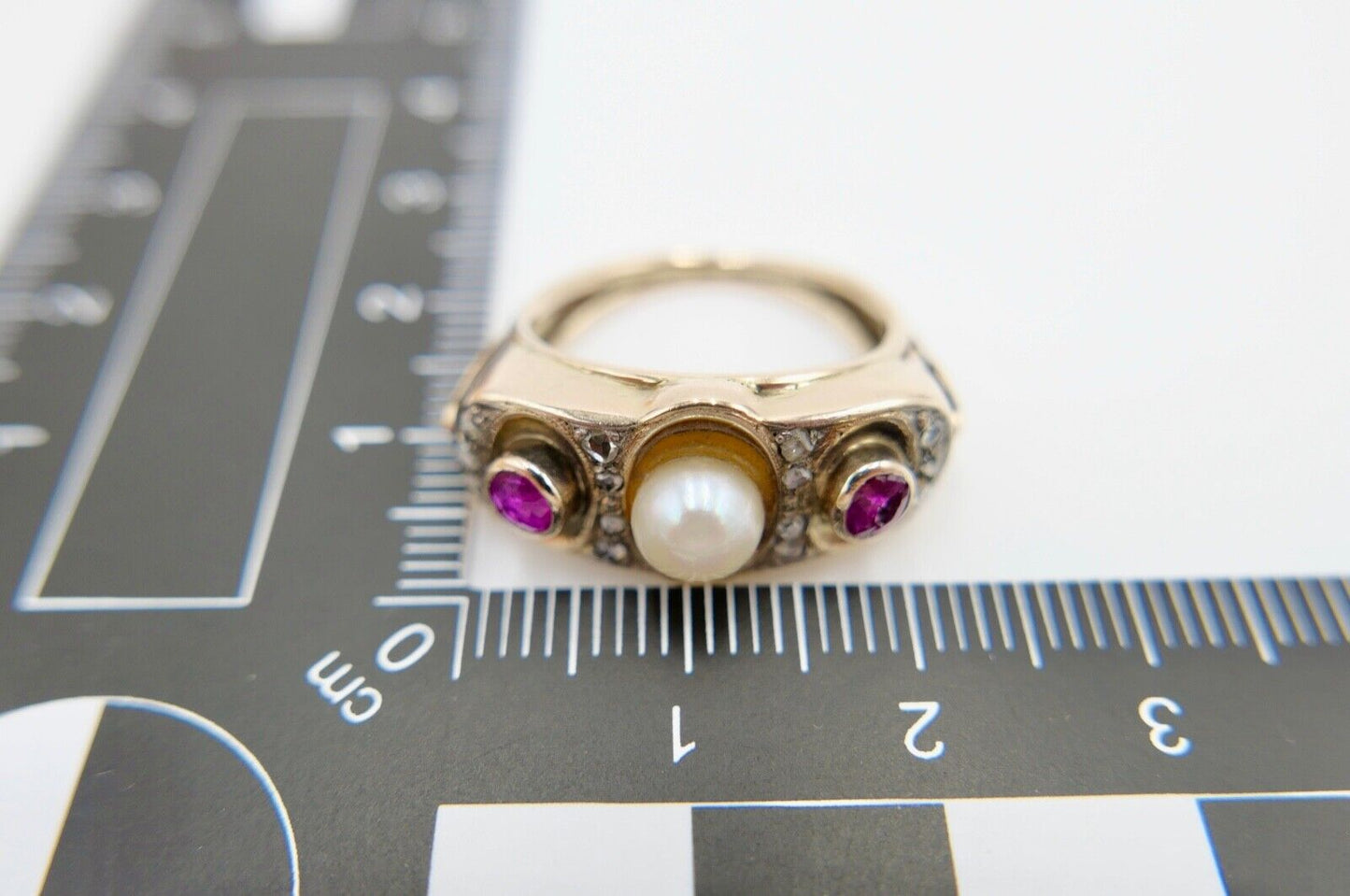 1930er Jahre Diamant Perlen Rubin Damen Gelbgold Ring 585 14K Gr.55 - Antikhandel-Stuttgart