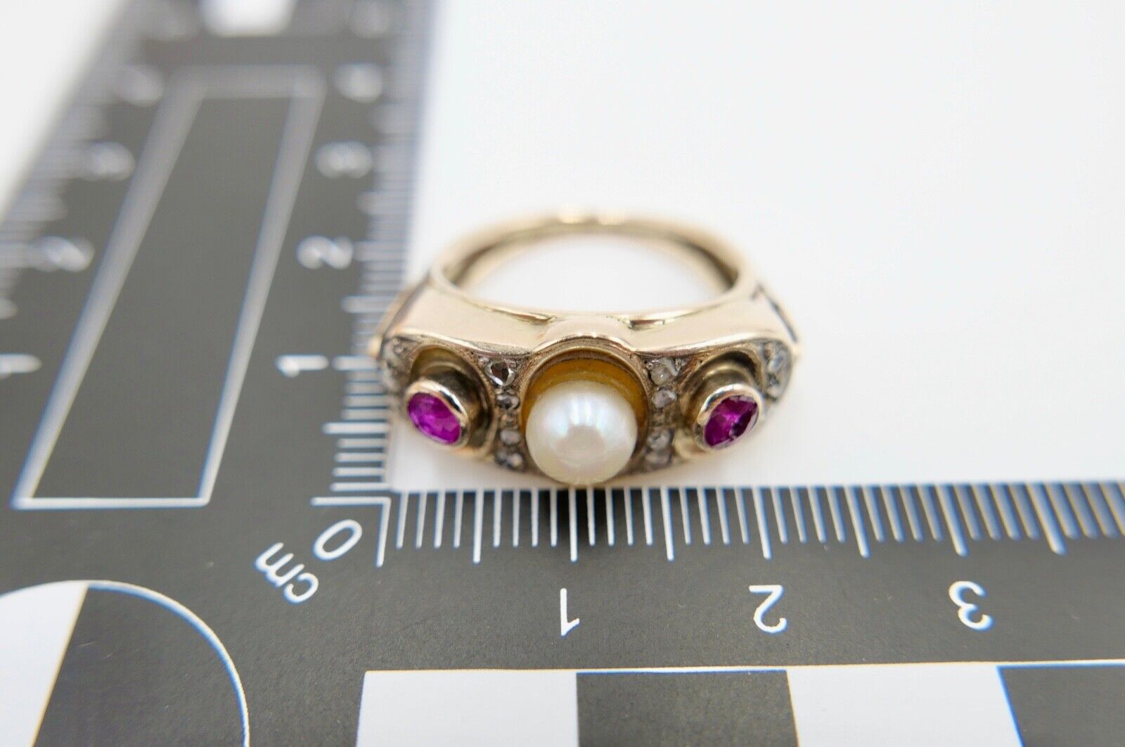 1930er Jahre Diamant Perlen Rubin Damen Gelbgold Ring 585 14K Gr.55 - Antikhandel-Stuttgart
