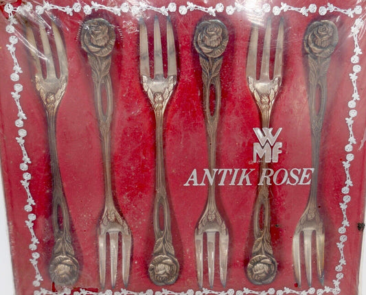 - NEU - OVP - WMF ANTIK ROSE - 90er Silber versilbert 6 Stück Kuchengabel - Antikhandel-Stuttgart