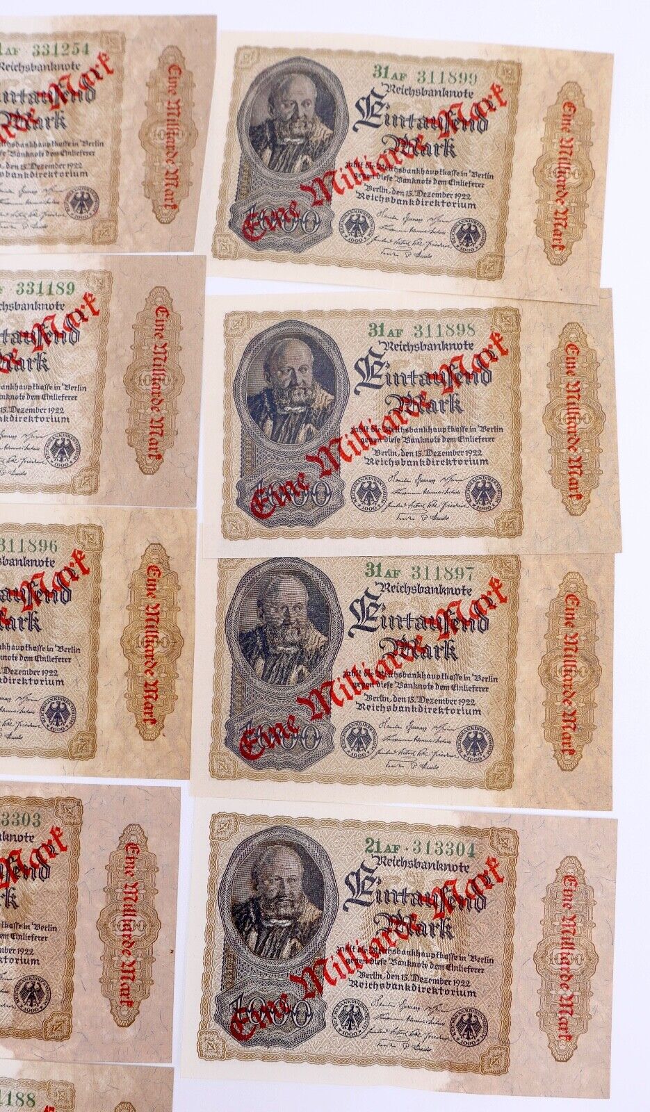 13x Ro. 110b Banknote 1 Milliarde Mark Überdruck KFR fortlaufend Kassenfrisch - Antikhandel-Stuttgart