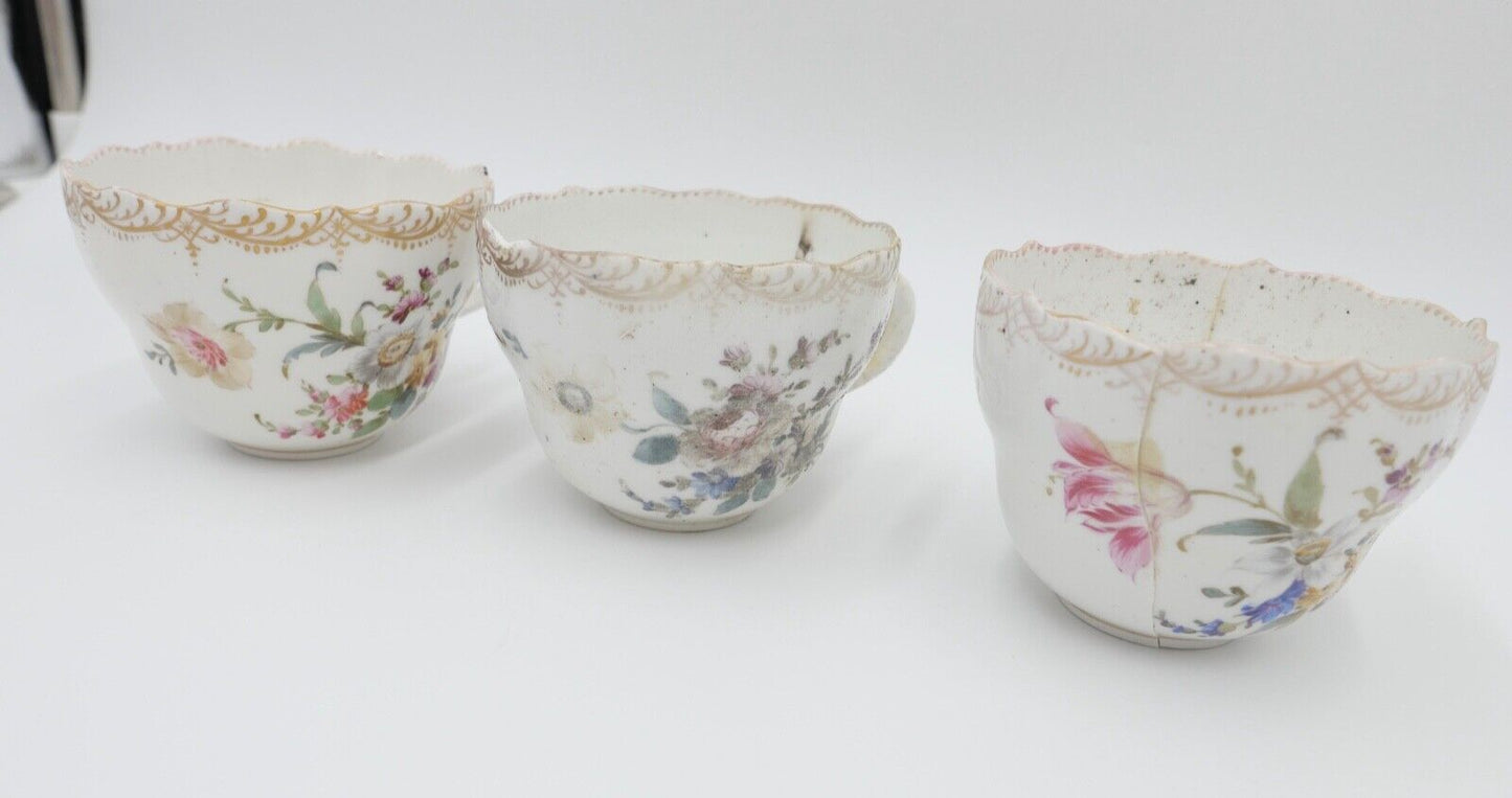 Meissen 3 Teetassen Knaufzeit 1860 1900 Barock Blumen Bukett Muster - Antikhandel-Stuttgart