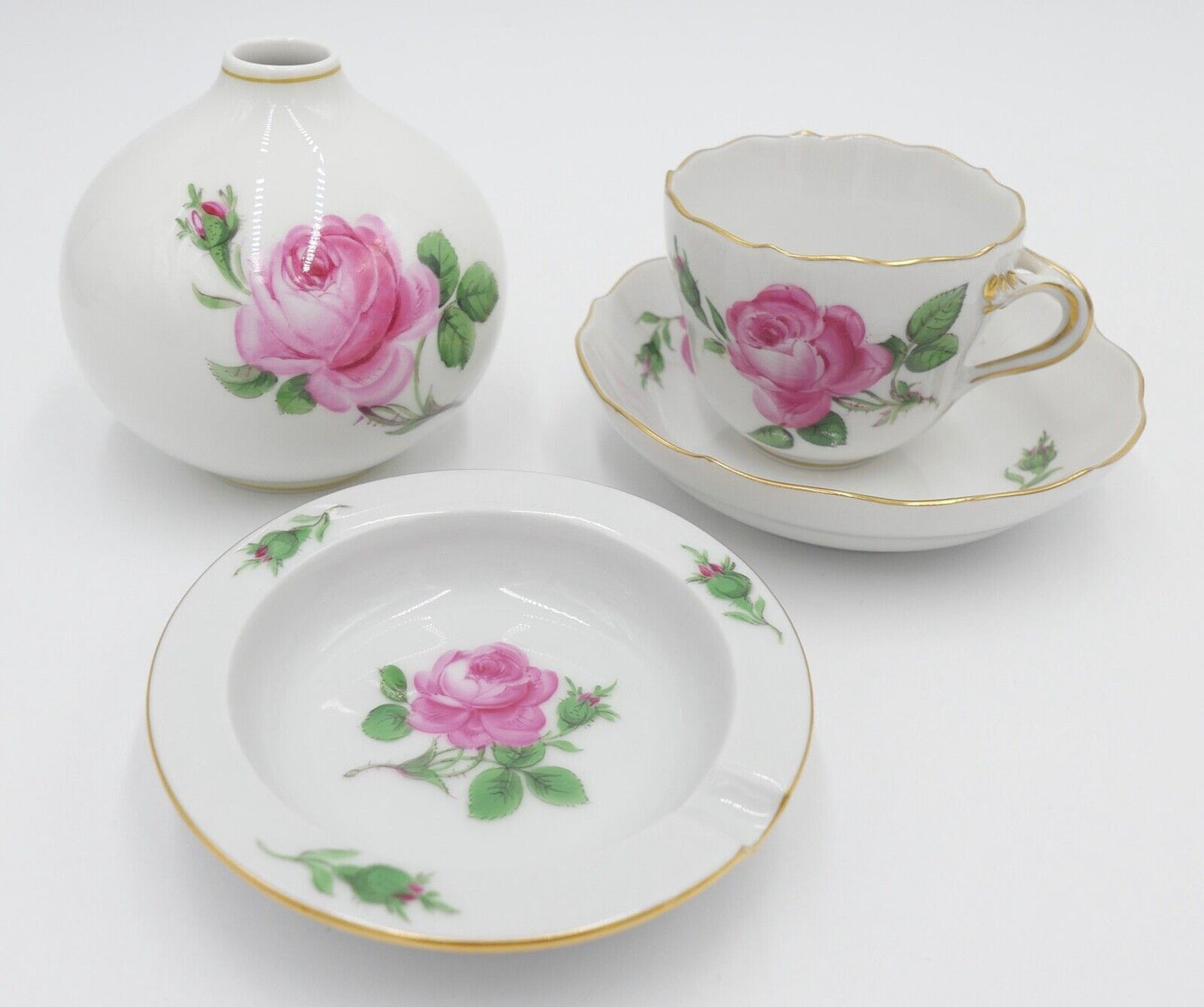 Meissen 1. & 2. Wahl SET " ROTE ROSE " Aschenbecher Vase Mokka Tasse Untertasse - Antikhandel-Stuttgart