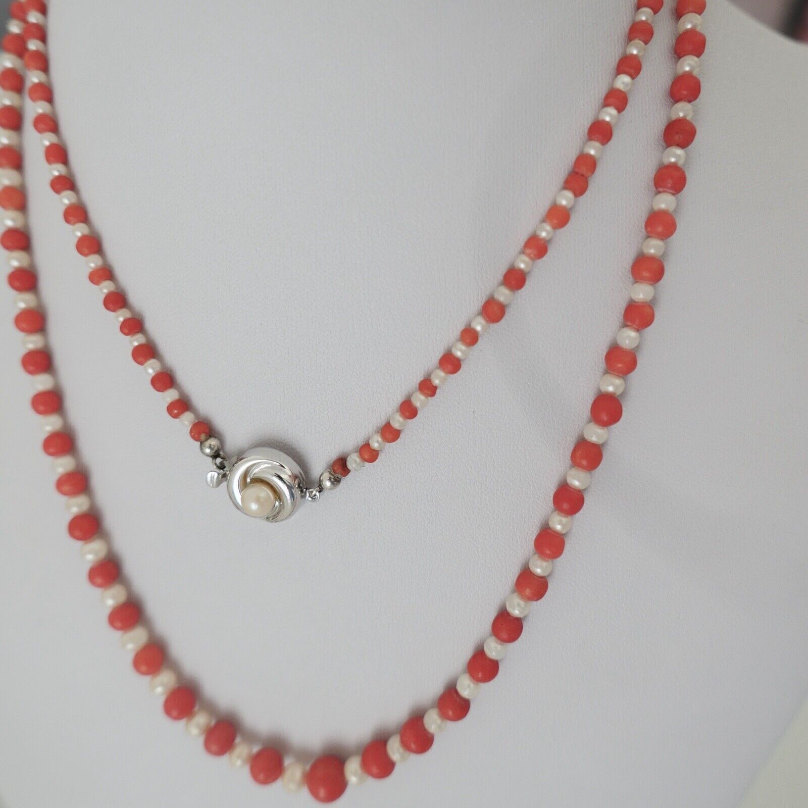 Seltene Korallen / Perlen Mix Kette coral pearl necklace 835 Ø 7,6mm Kugel 83cm - Antikhandel-Stuttgart