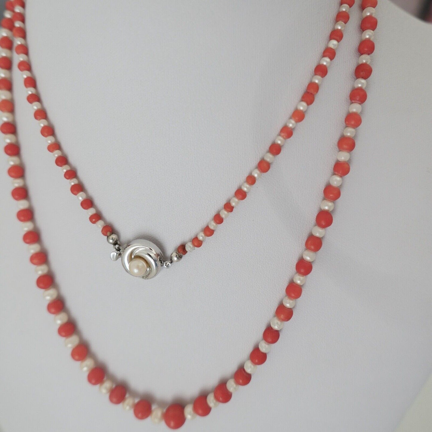 Seltene Korallen / Perlen Mix Kette coral pearl necklace 835 Ø 7,6mm Kugel 83cm - Antikhandel-Stuttgart