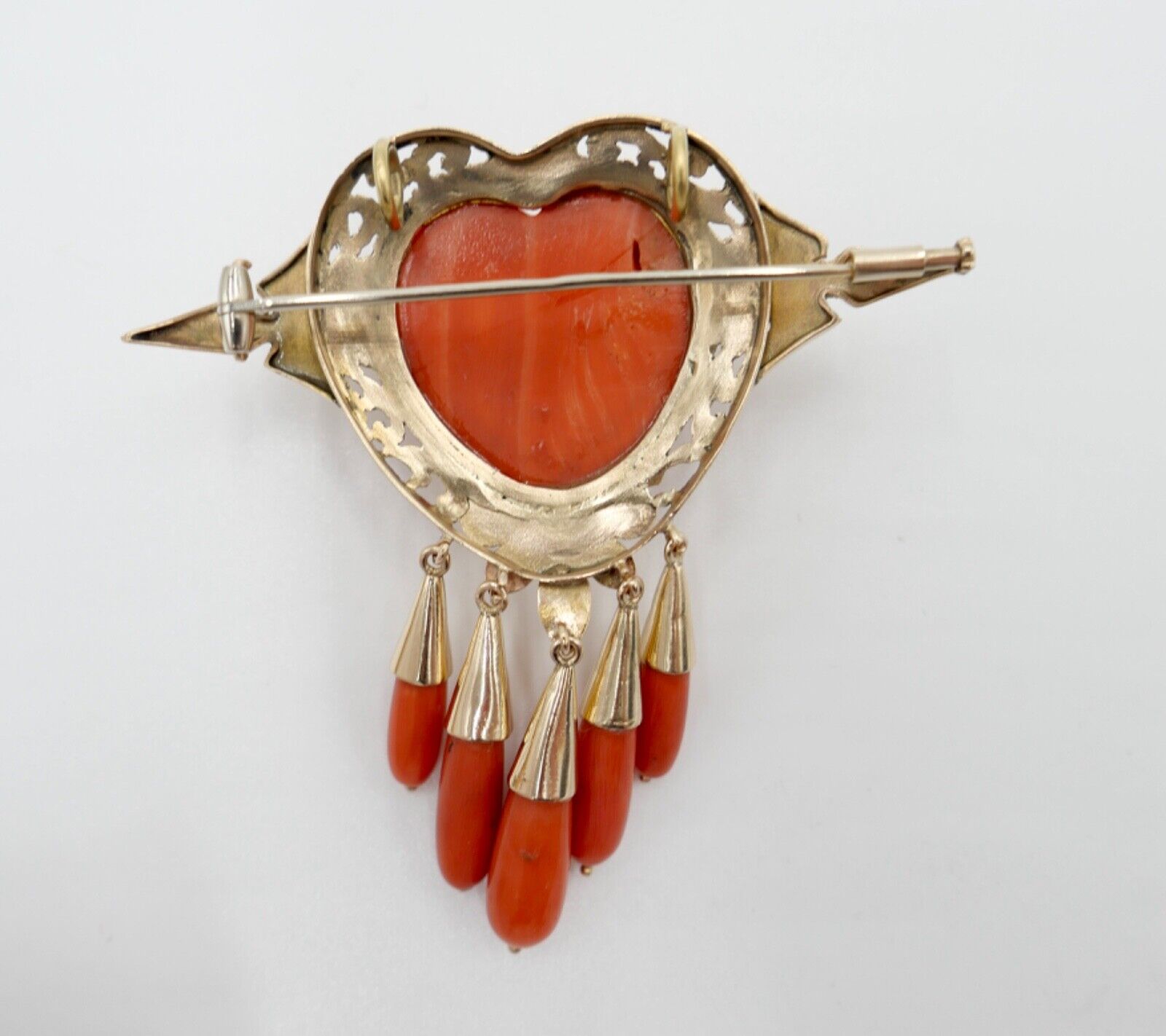 Große Antike Herz Gold Brosche / Anhänger Koralle 750 18K UNIKAT um 1850-1880 - Antikhandel-Stuttgart