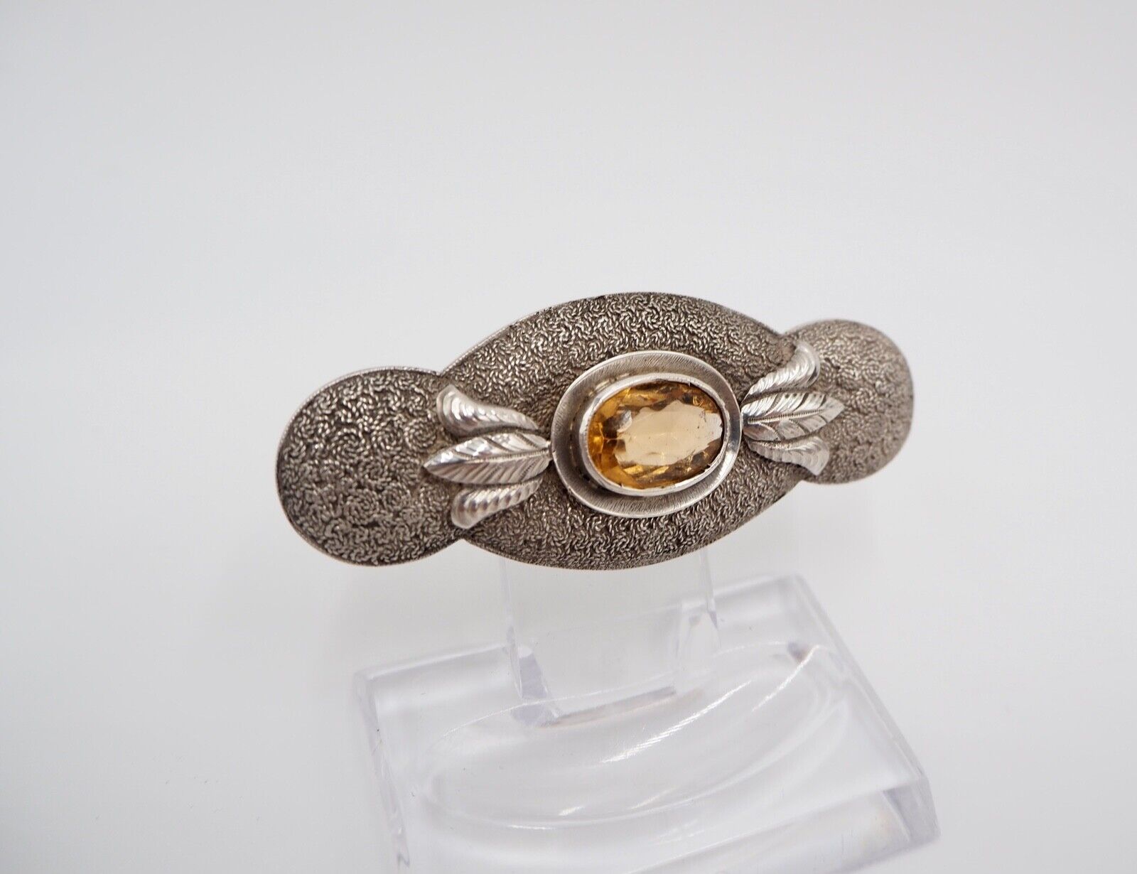 50er Jahre florale Silber 835 große Brosche 66 mm Schmuckstein orange Glasstein - Antikhandel-Stuttgart