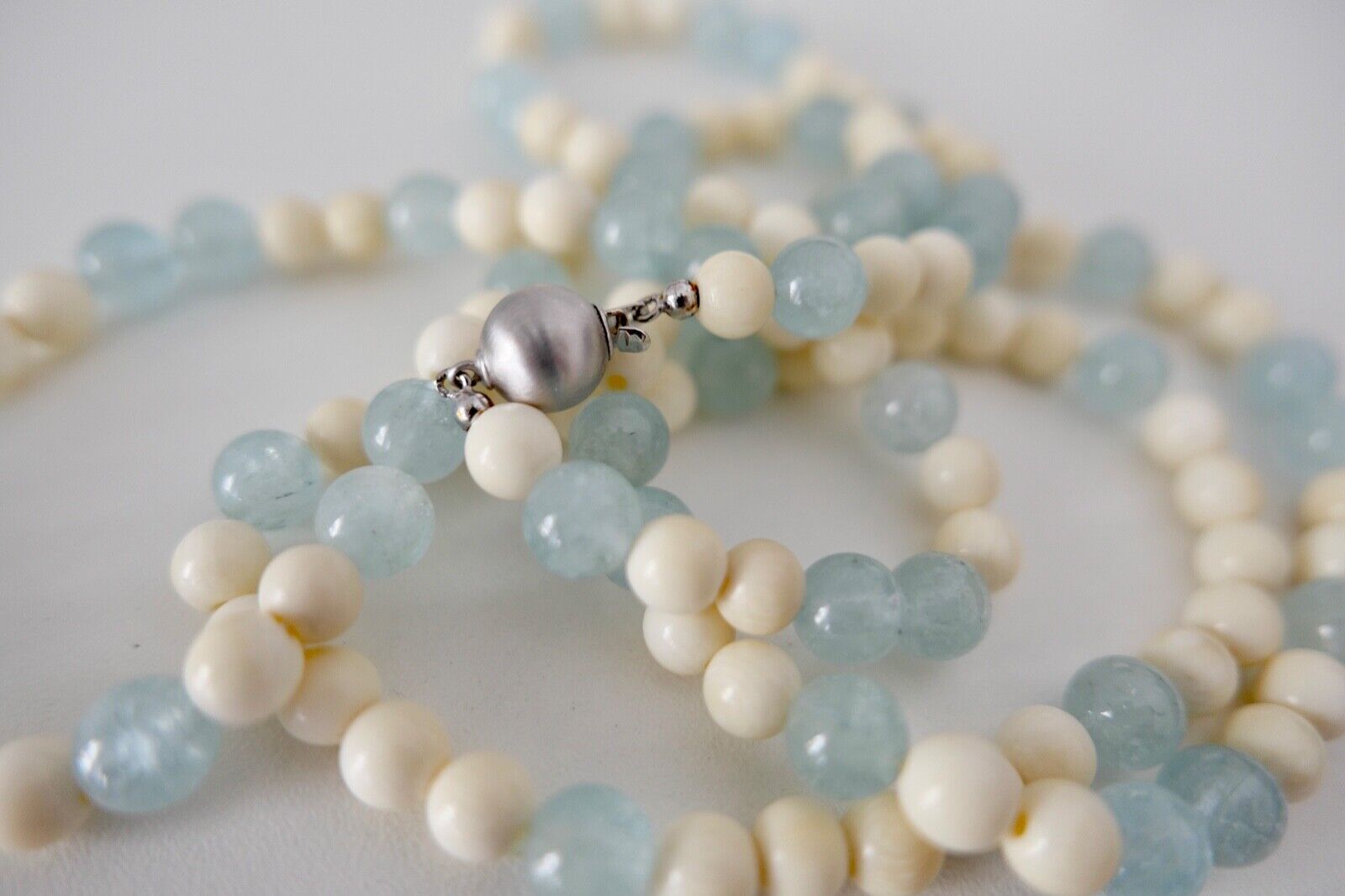 SET 3 Teilig Armband & Kette 55 cm Bein & Aquamarin 585 / 14K Gold - Antikhandel-Stuttgart