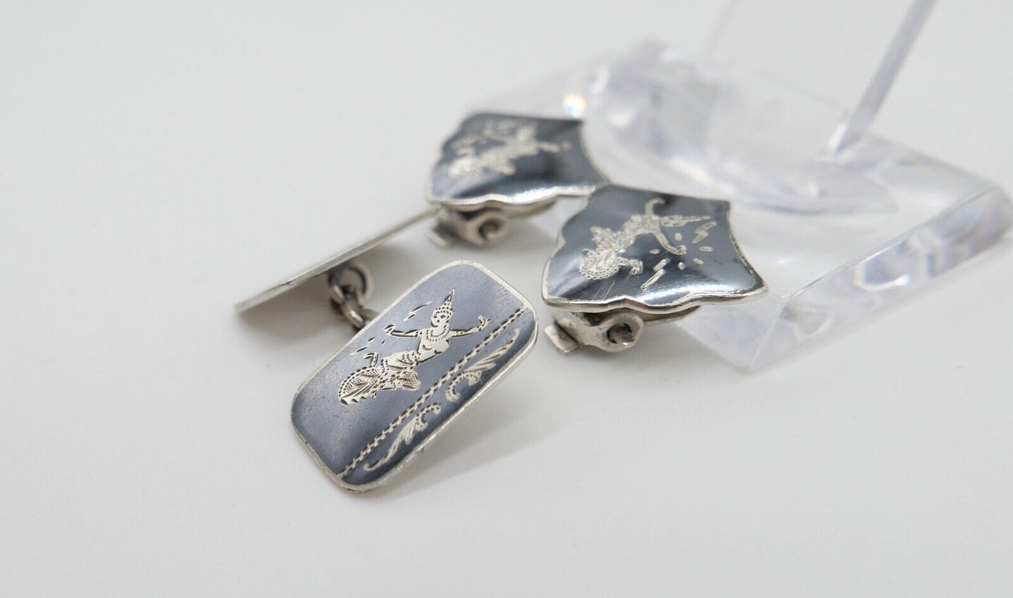 30er 40er Vintage Siam Sterling Silber Dunkelblau Grau Emaille Ohrclips - Antikhandel-Stuttgart