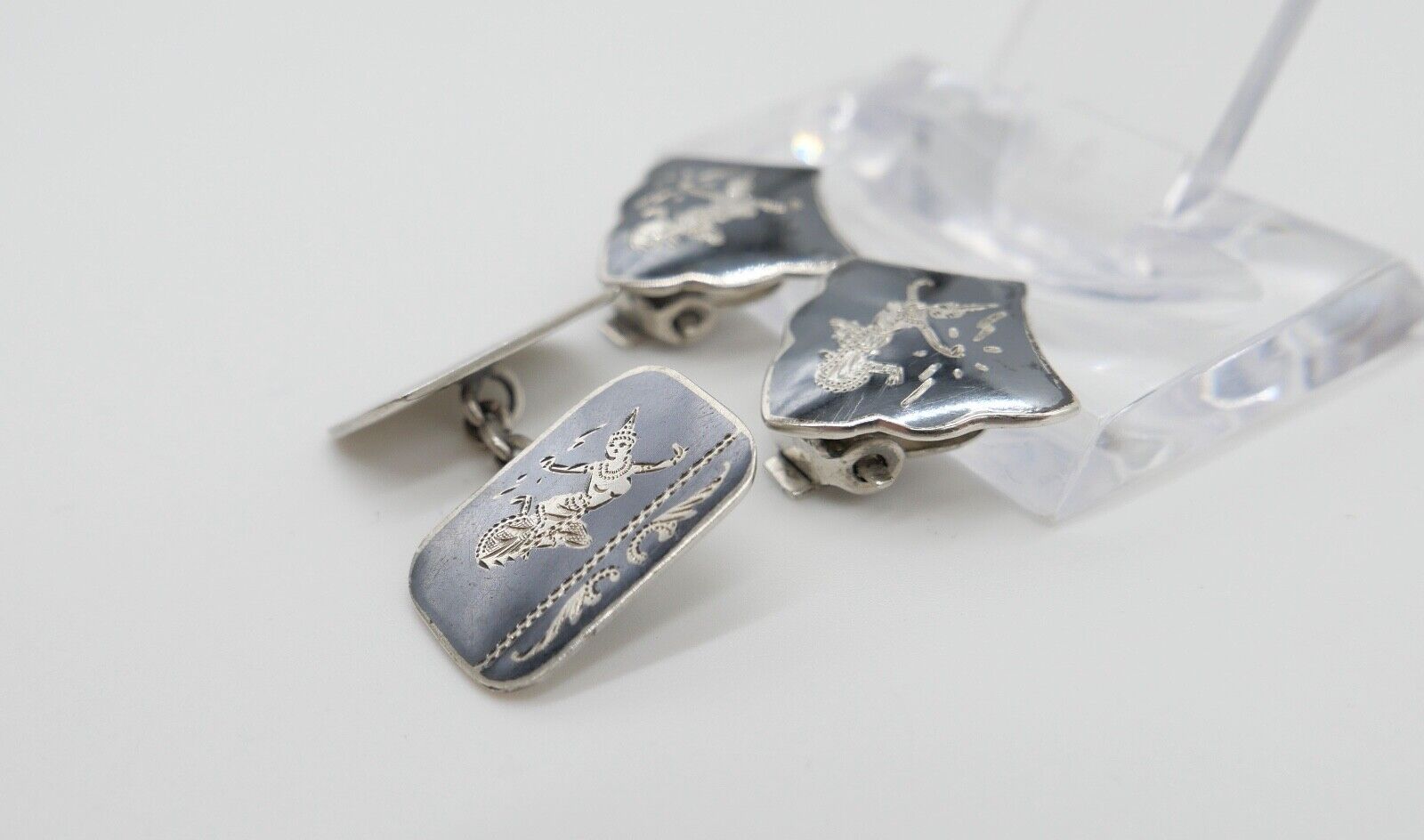 30er 40er Vintage Siam Sterling Silber Dunkelblau Grau Emaille Ohrclips - Antikhandel-Stuttgart