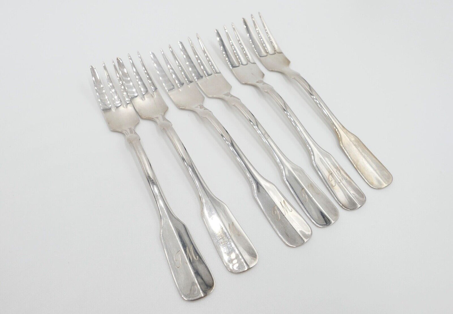 800 Silber Besteck 6 tlg. Kuchengabel Gebrüder Reiner Spatenmuster Monogramm JM - Antikhandel-Stuttgart