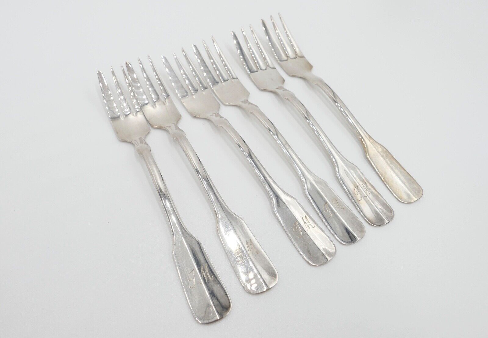 800 Silber Besteck 6 tlg. Kuchengabel Gebrüder Reiner Spatenmuster Monogramm JM - Antikhandel-Stuttgart