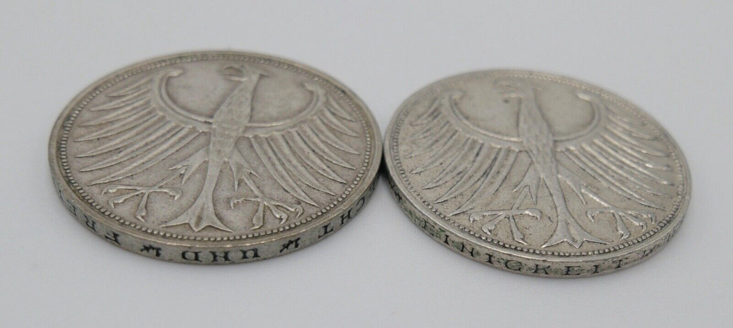 2x 5 DM 1958 D G Silbermünzen Jäger J.387 Silberadler Heiermann - Antikhandel-Stuttgart