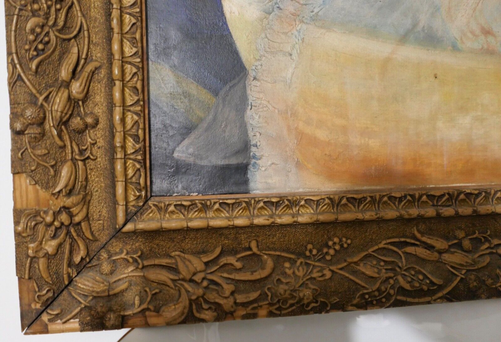 Gemälde Öl oil Leinwand 67x51 cm signiert "GODO" Vater an Kinderwiege - Antikhandel-Stuttgart