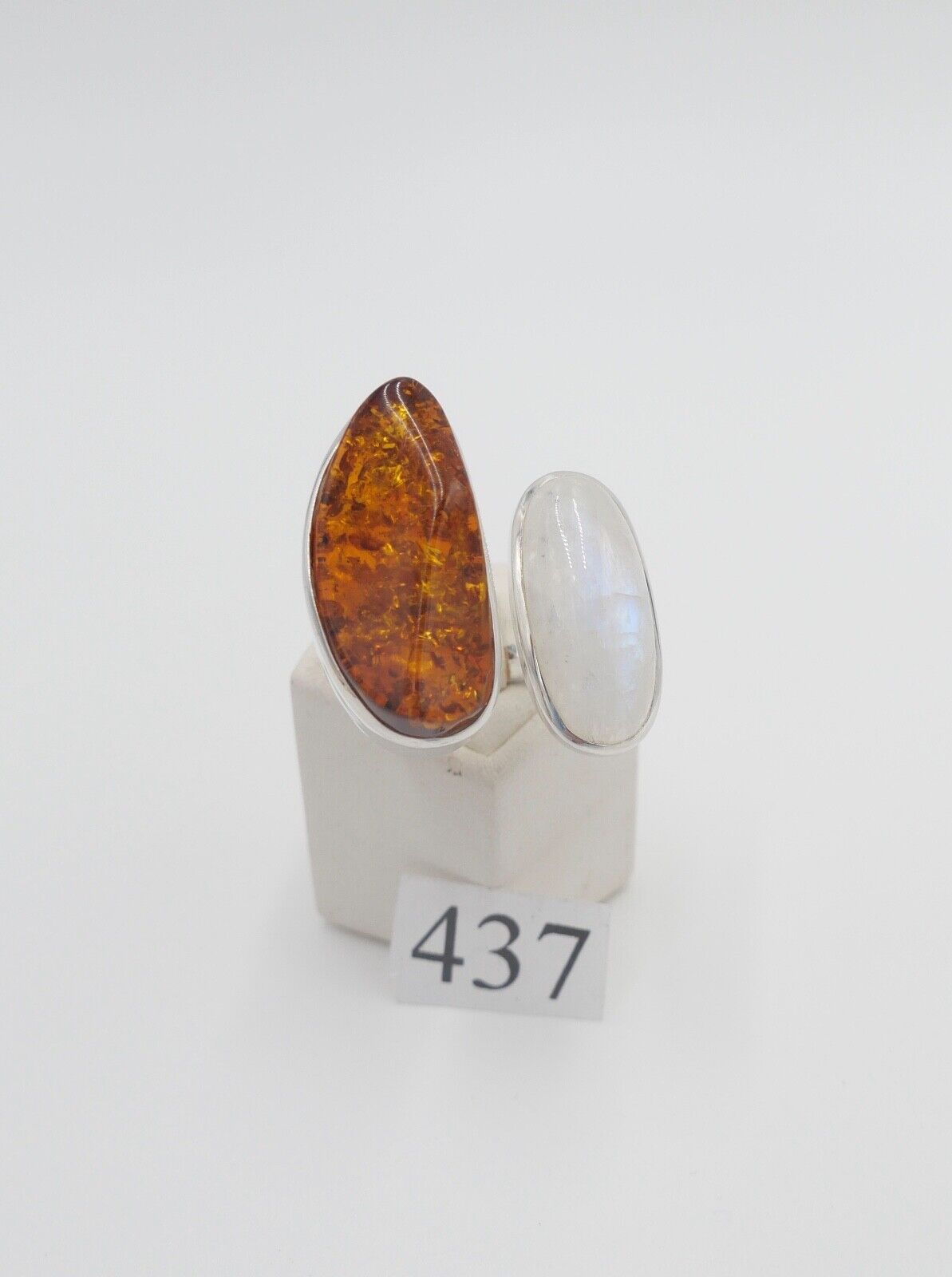 80er Jahre Designer Ring Bernstein & Mondstein Silber 925 Größe 60 verstellbar - Antikhandel-Stuttgart