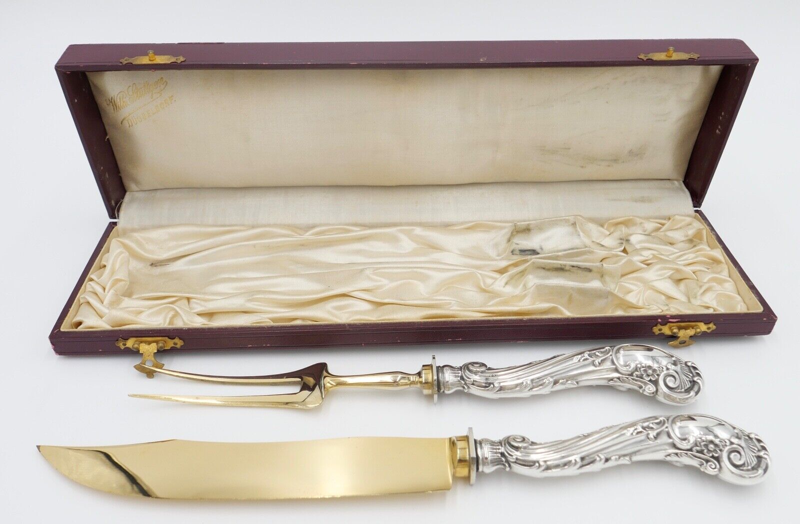 2 Tlg. antik Besteck Jugendstil um 1900 Silber 800 vergoldet original Etui - Antikhandel-Stuttgart