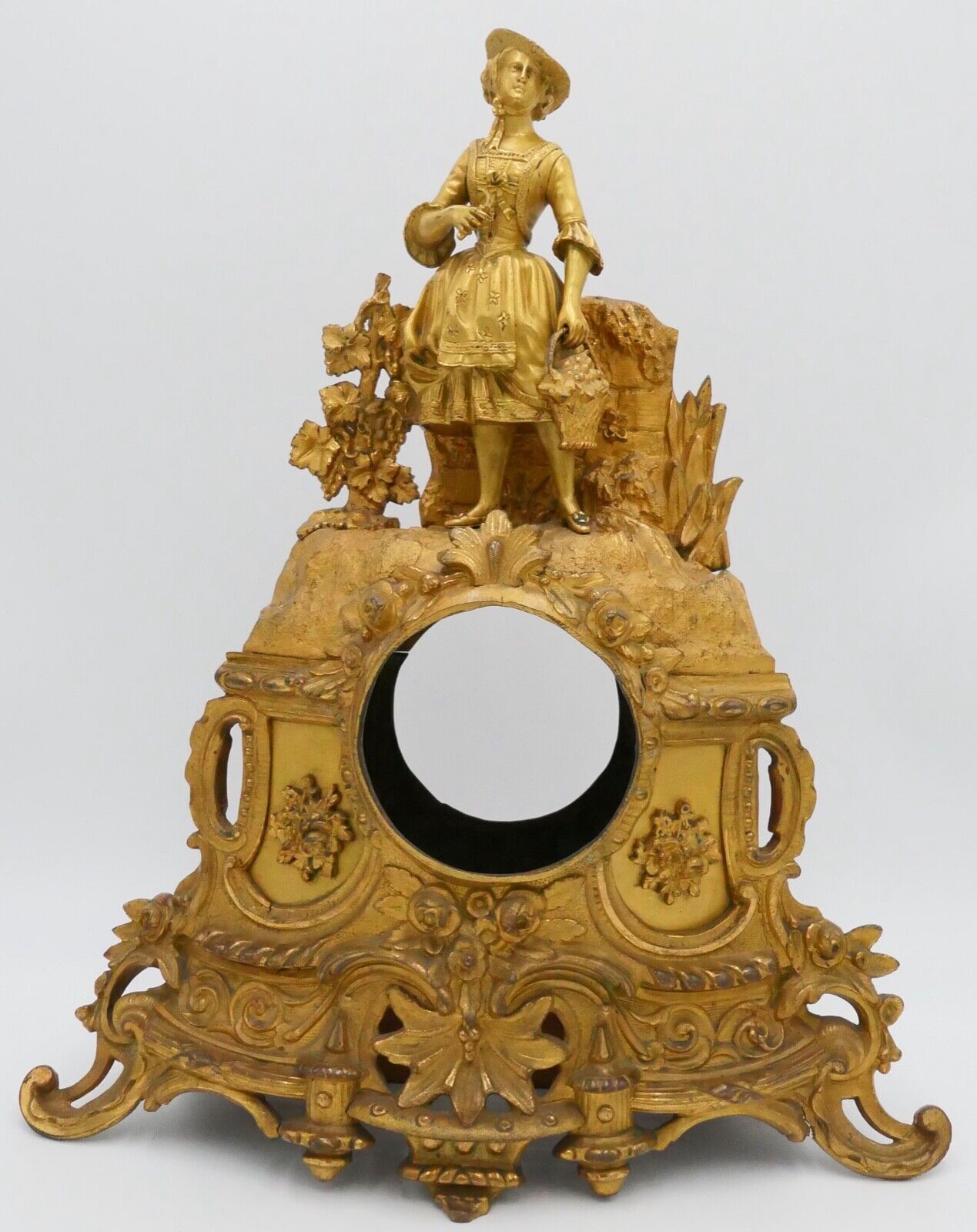 Gehäuse für Kaminuhr feuervergoldet 40 cm Höhe Weinbäuerin Messing Bronze - Antikhandel-Stuttgart