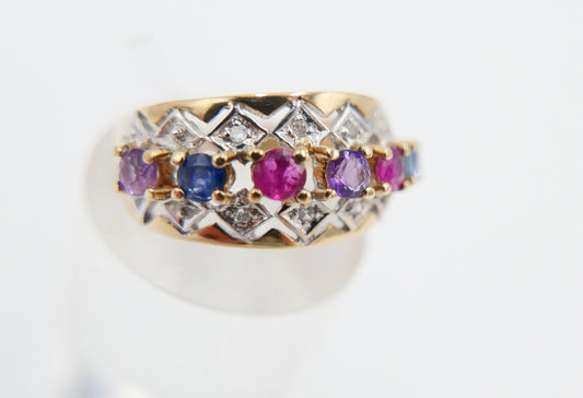 Eleganter Gelbgold Diamant Ring mit Bunten Edelsteinen 585 14K Gr. 55 - Antikhandel-Stuttgart