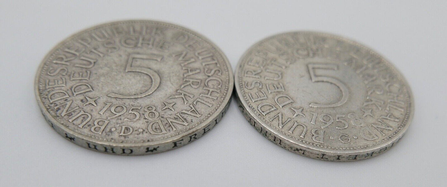 2x 5 DM 1958 D G Silbermünzen Jäger J.387 Silberadler Heiermann - Antikhandel-Stuttgart