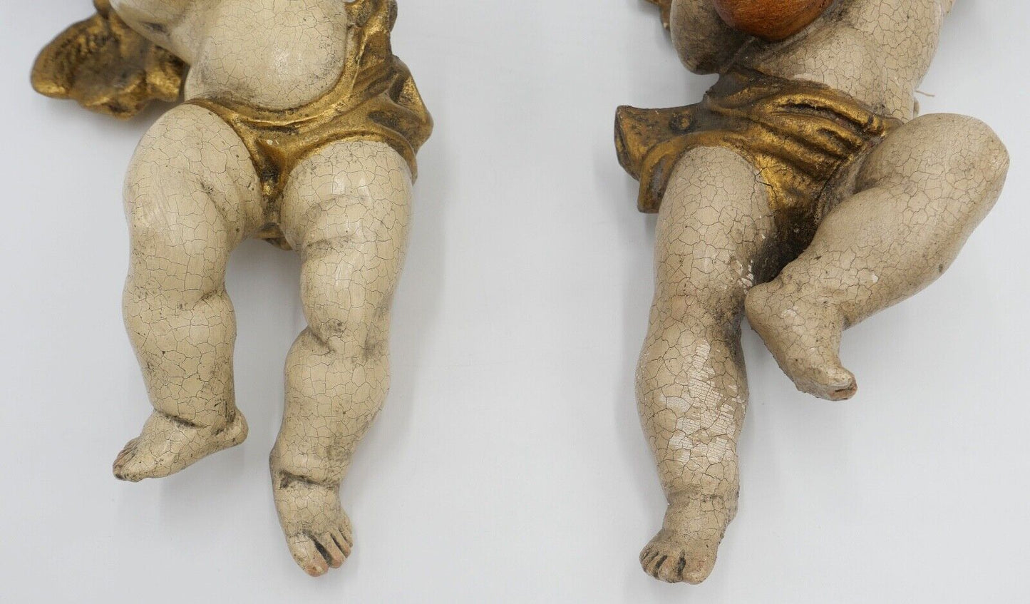 2x musizierende Putti / Putto Holzschnitzerei Engel farbig Holz Holzengel - Antikhandel-Stuttgart