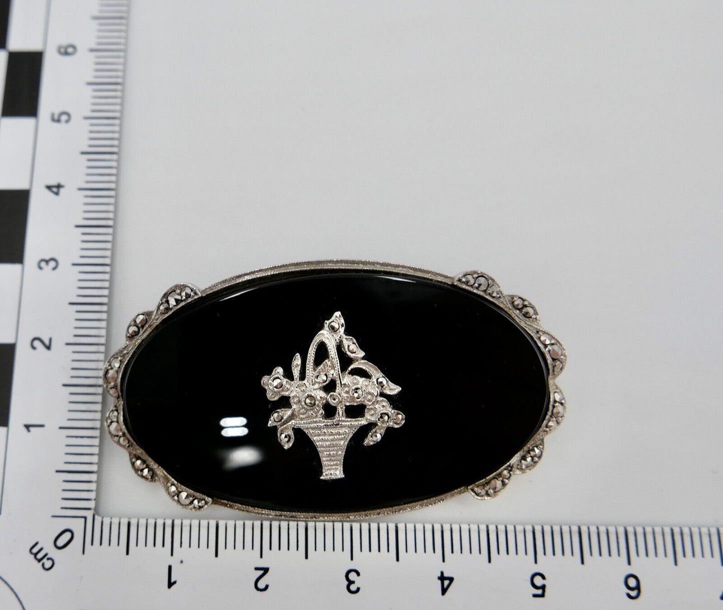 Seltene florale ONYX Markasiten 925 Silber Brosche CNP Ø 53 mm - Antikhandel-Stuttgart